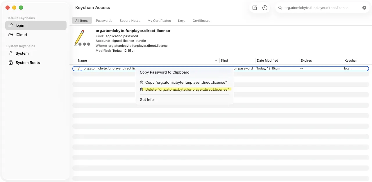 Deleting the keychain entry