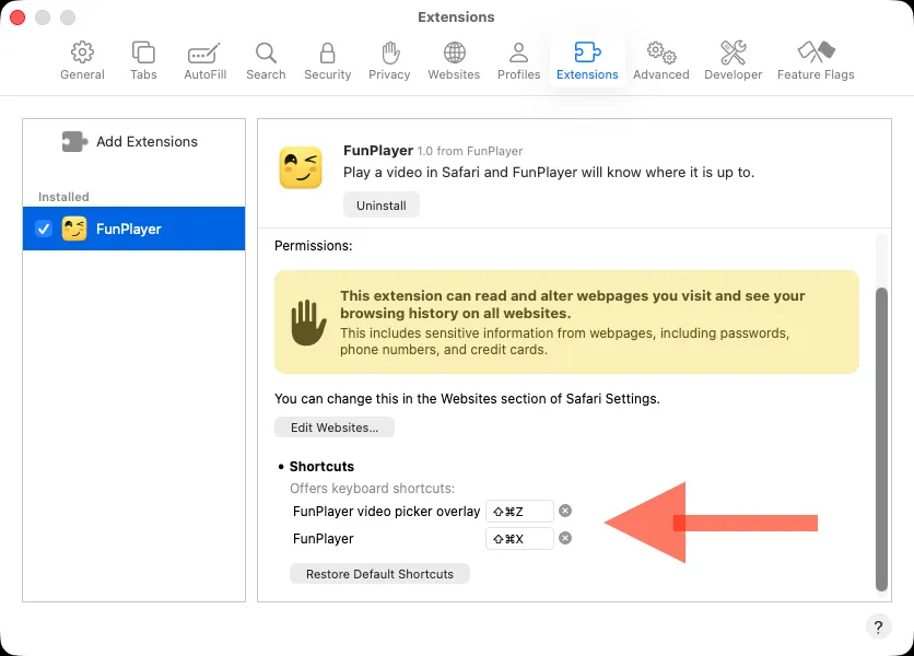 safari player setting up the extension